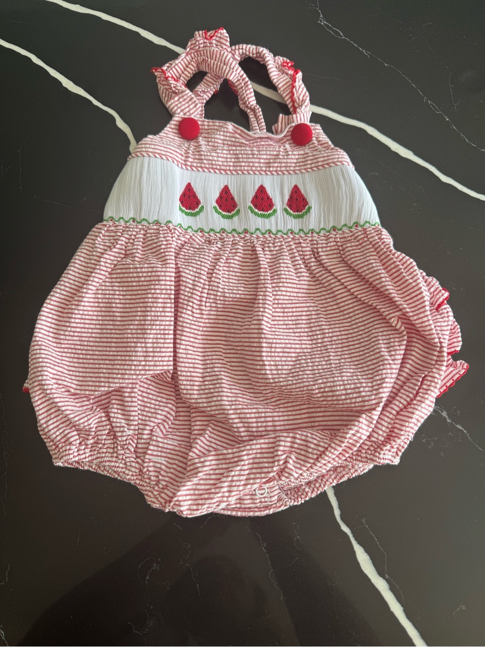 Red & White Striped Baby Bubble Romper with Watermelon Smocked Embroidery
